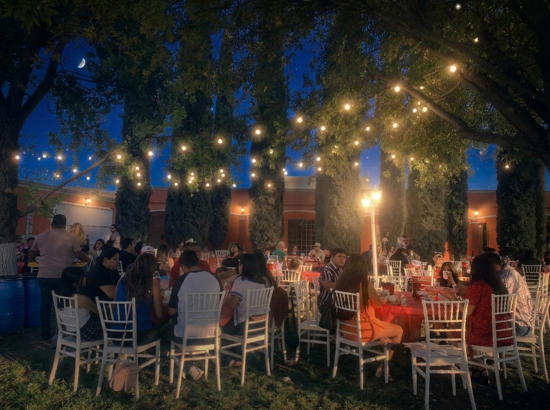 Recepción de noche bajo luces en el jardín de Quinta Paris